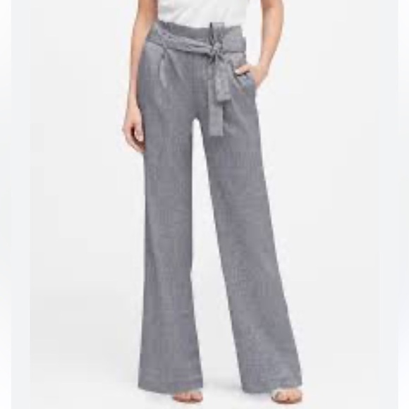 BANANA REPUBLIC HIGH-RISE WIDE-LEG LINEN-COTTON PAPERBAG PANT IN NAVY, EUC! - Picture 1 of 6